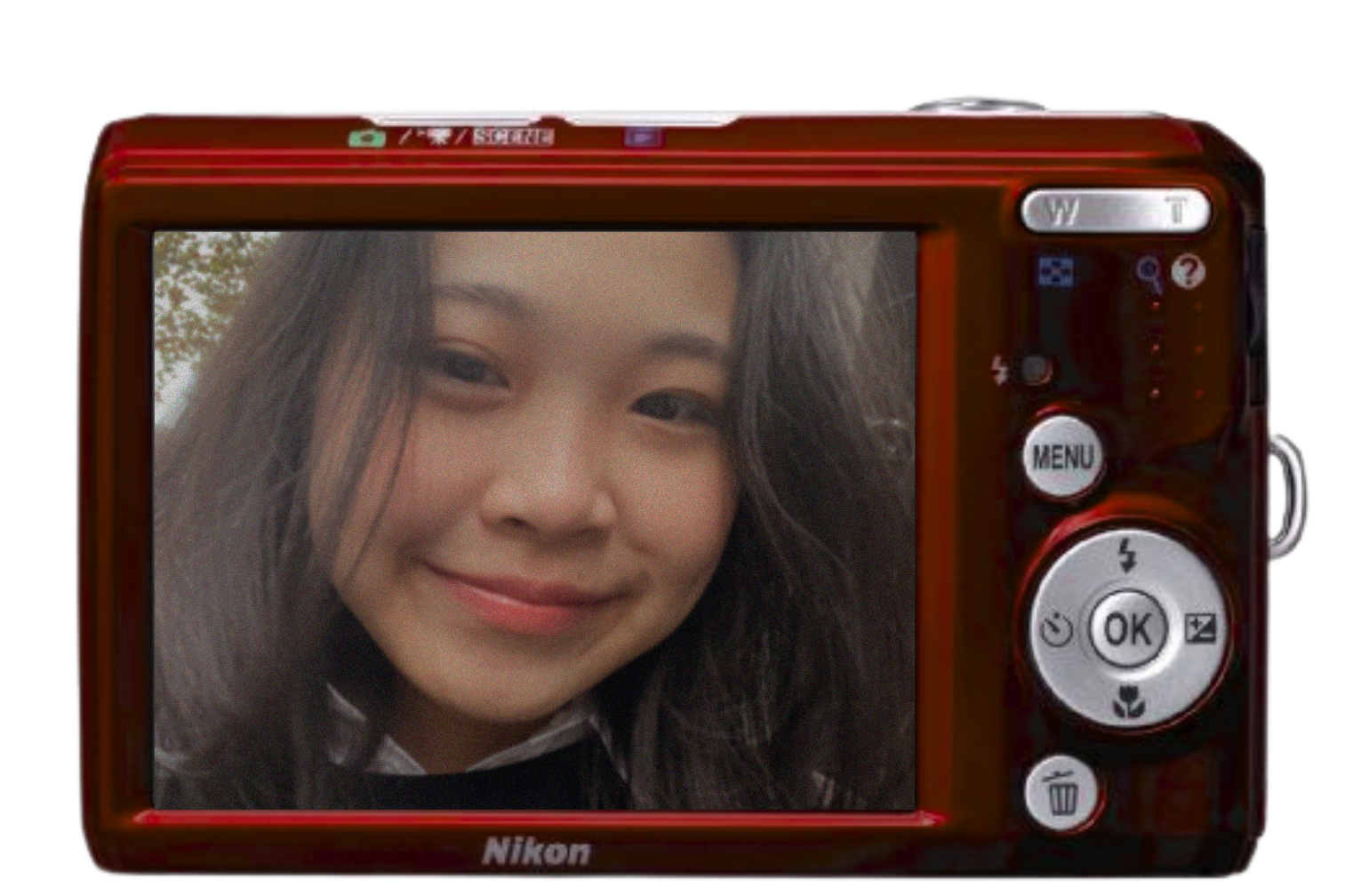 A red digital camera displaying a photo of the designer.