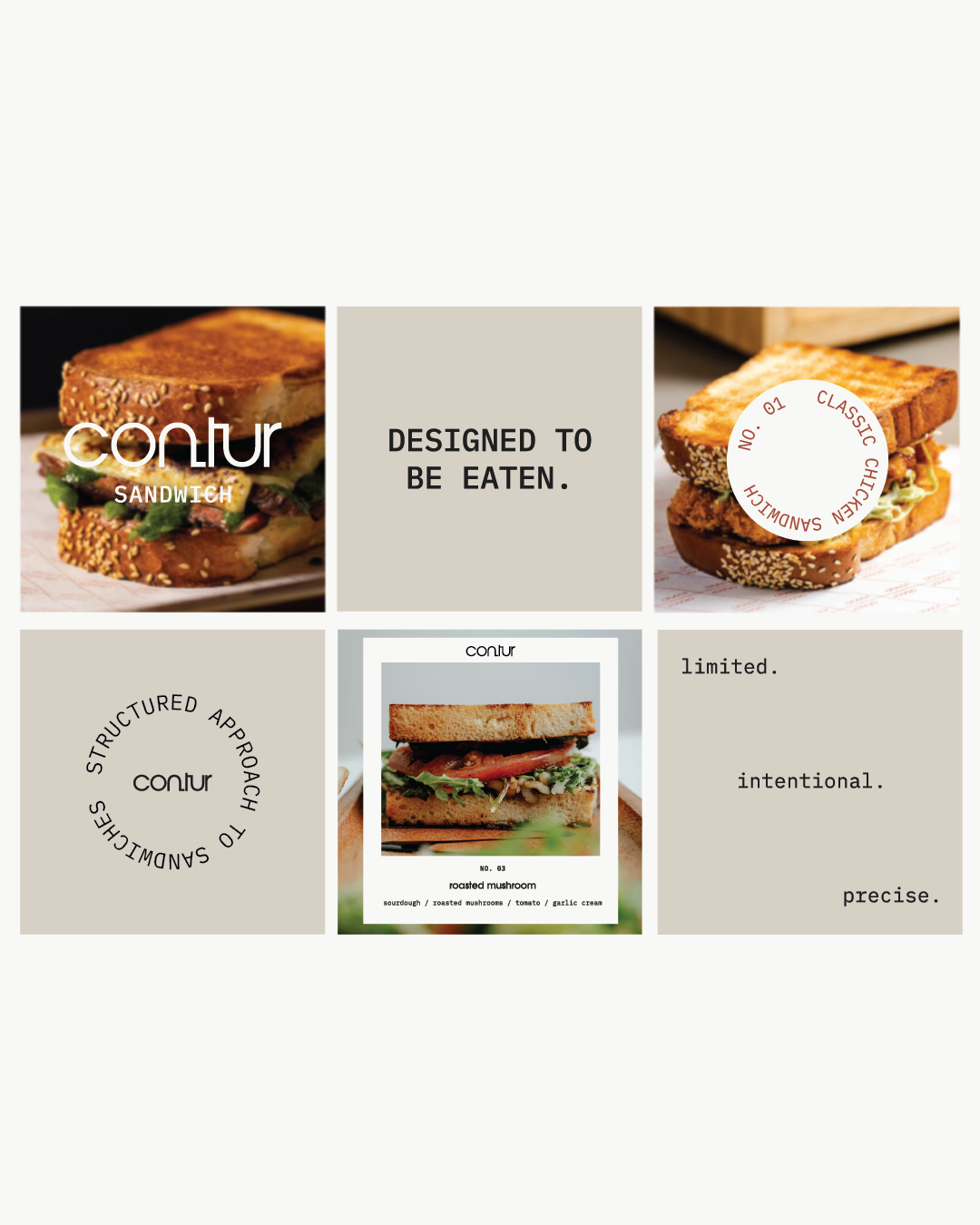 A social media collage featuring images of ' CONTUR' sandwiches