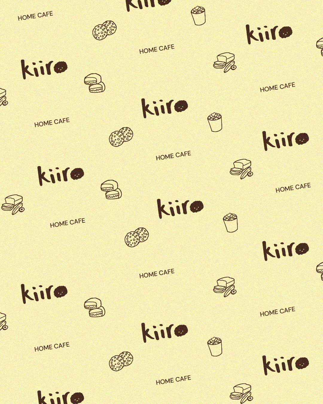 Pattern of the words "kiiro" and "HOME CAFE", along with small drawings of cookies, cakes, and drinks.