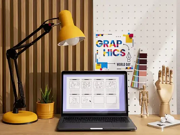 Desk setup with a desk lamp, potted plant, laptop displaying graphics or instructions, colorful poster reading "GRAPHICS WORLD DAY," and wooden mannequins on a pegboard wall.