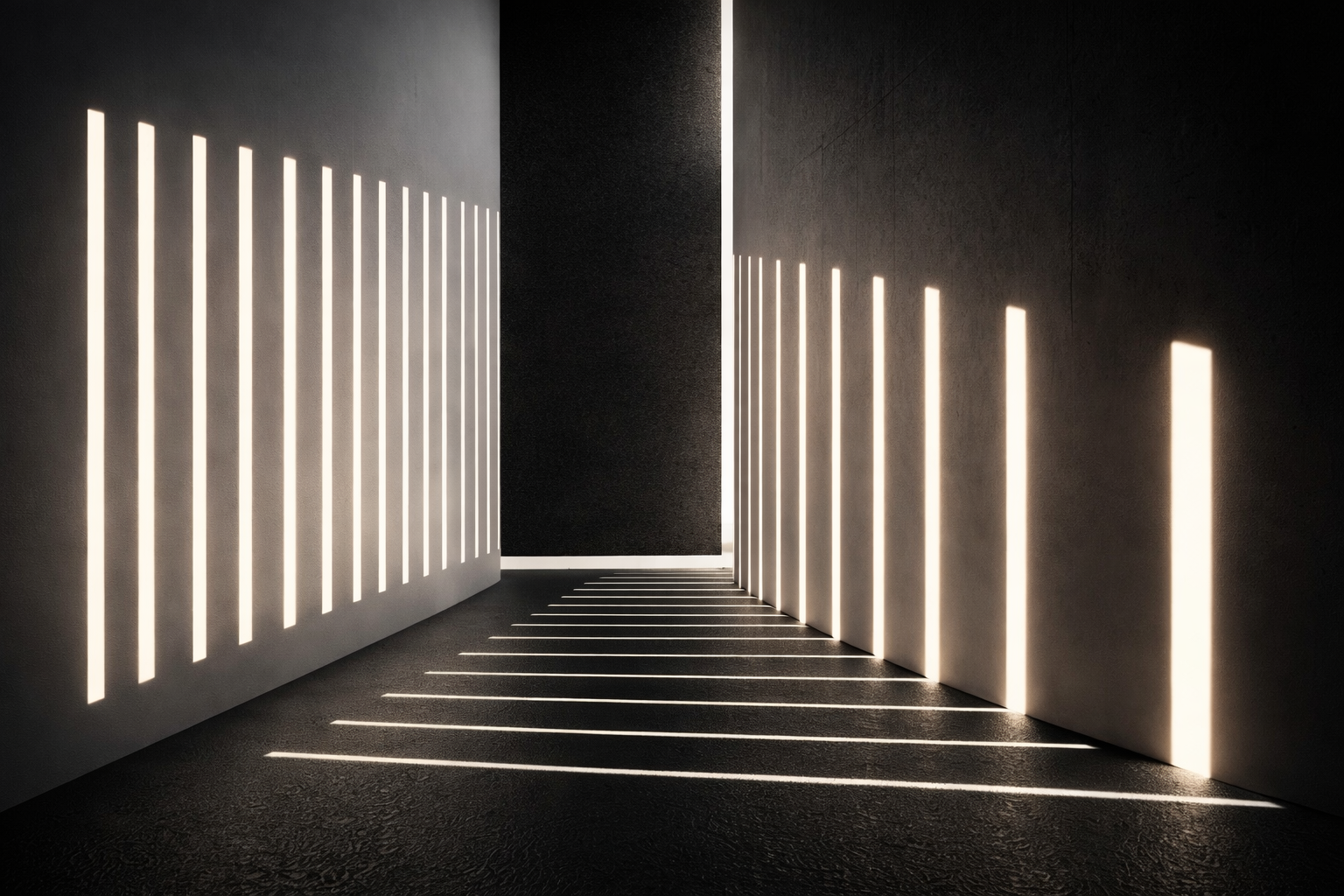 A modern corridor with black textured flooring and walls, illuminated by vertical white light strips casting shadows on the floor.
