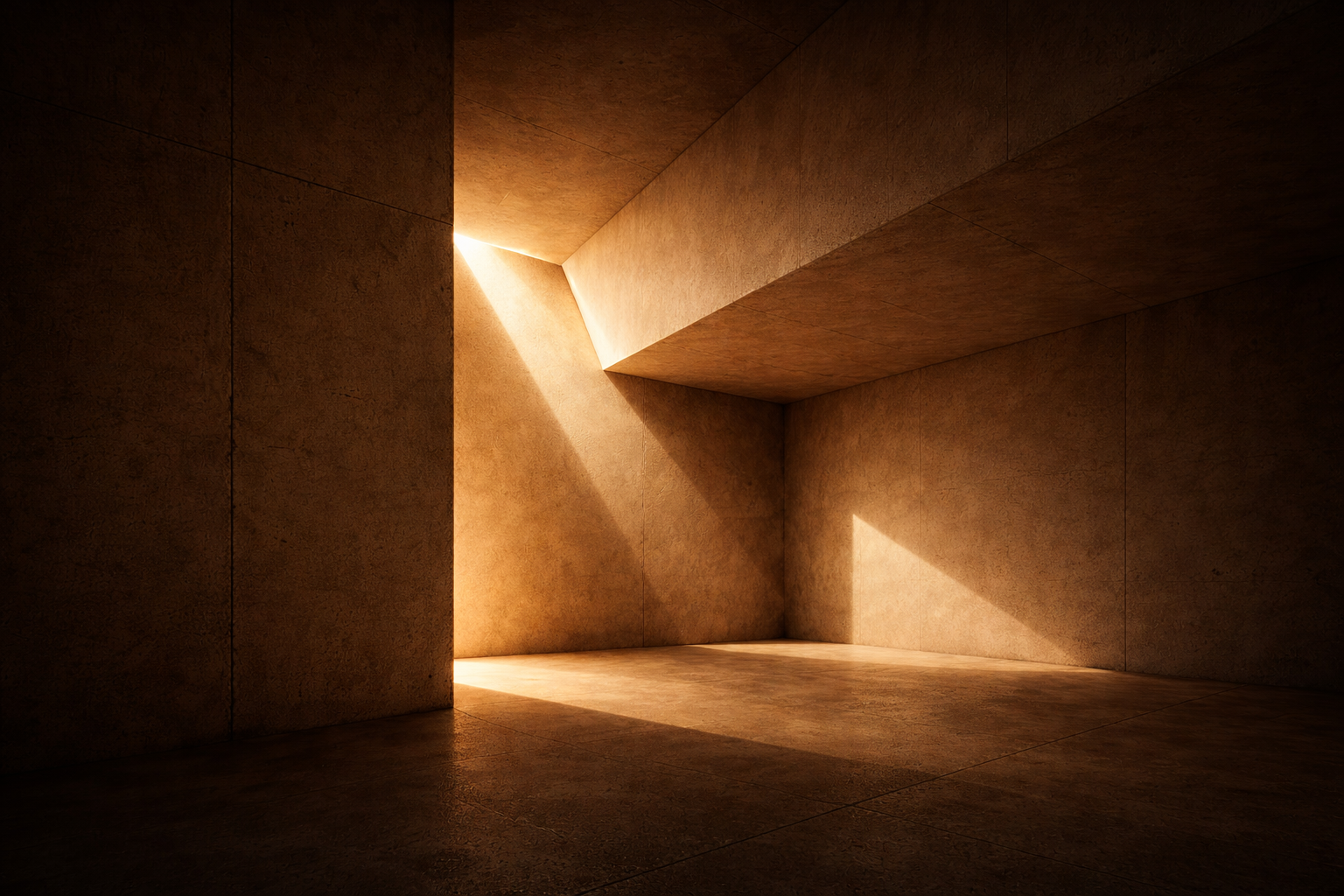 Minimalist interior with textured beige walls and floor, sunlit through an opening creating sharp light and shadow patterns.