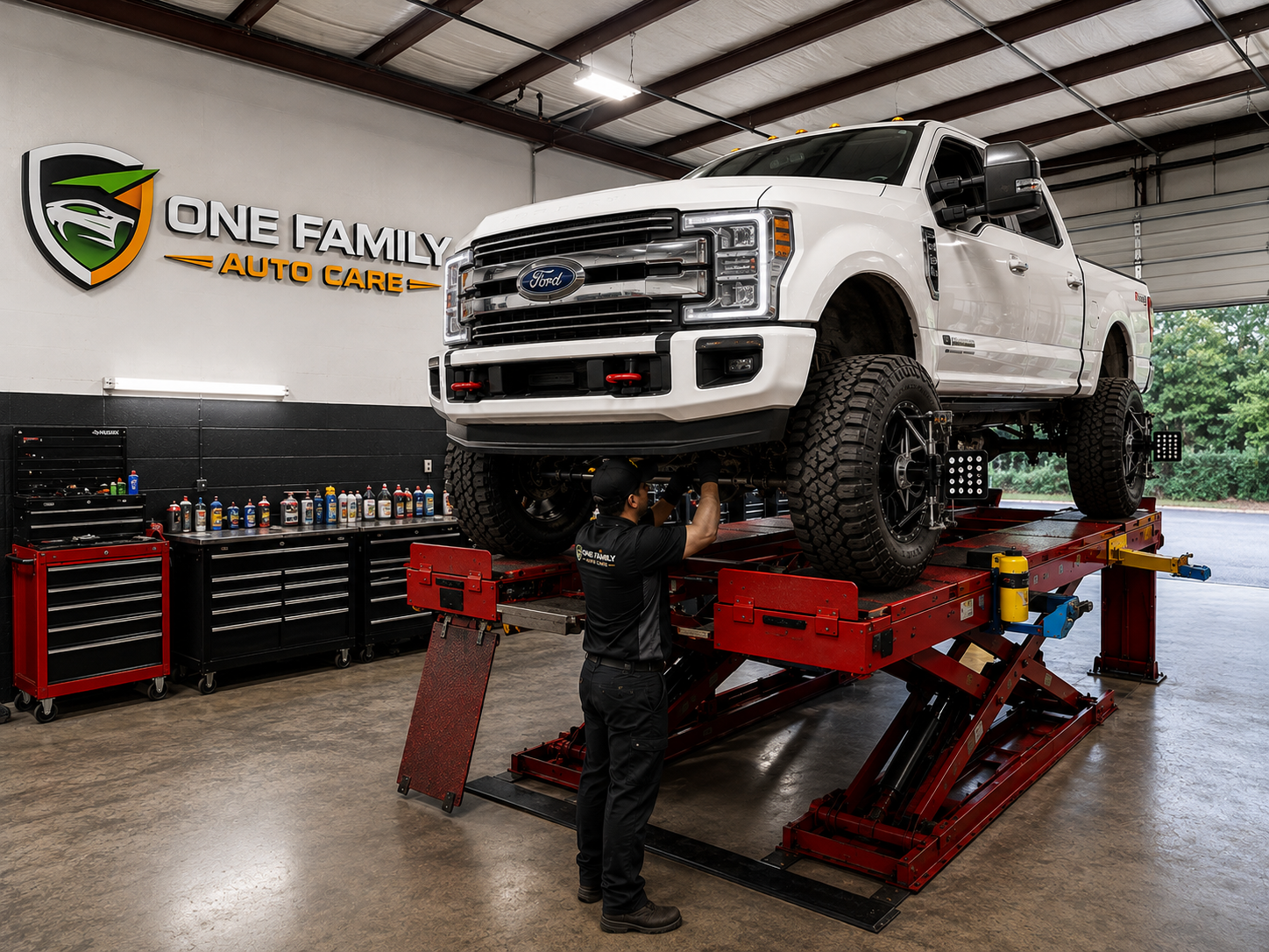 Lifted truck suspension service at One Family Autocare in Charlotte, NC