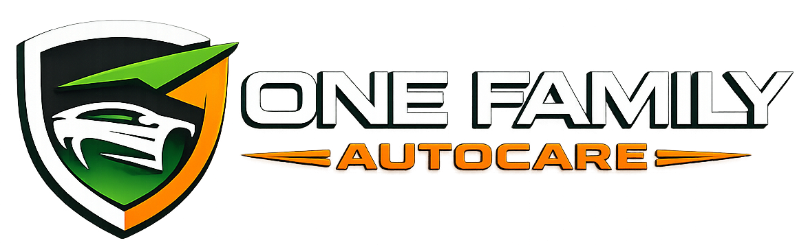 Logo for One Family Auto Care, featuring a shield with a stylized car and lime green and orange accents.