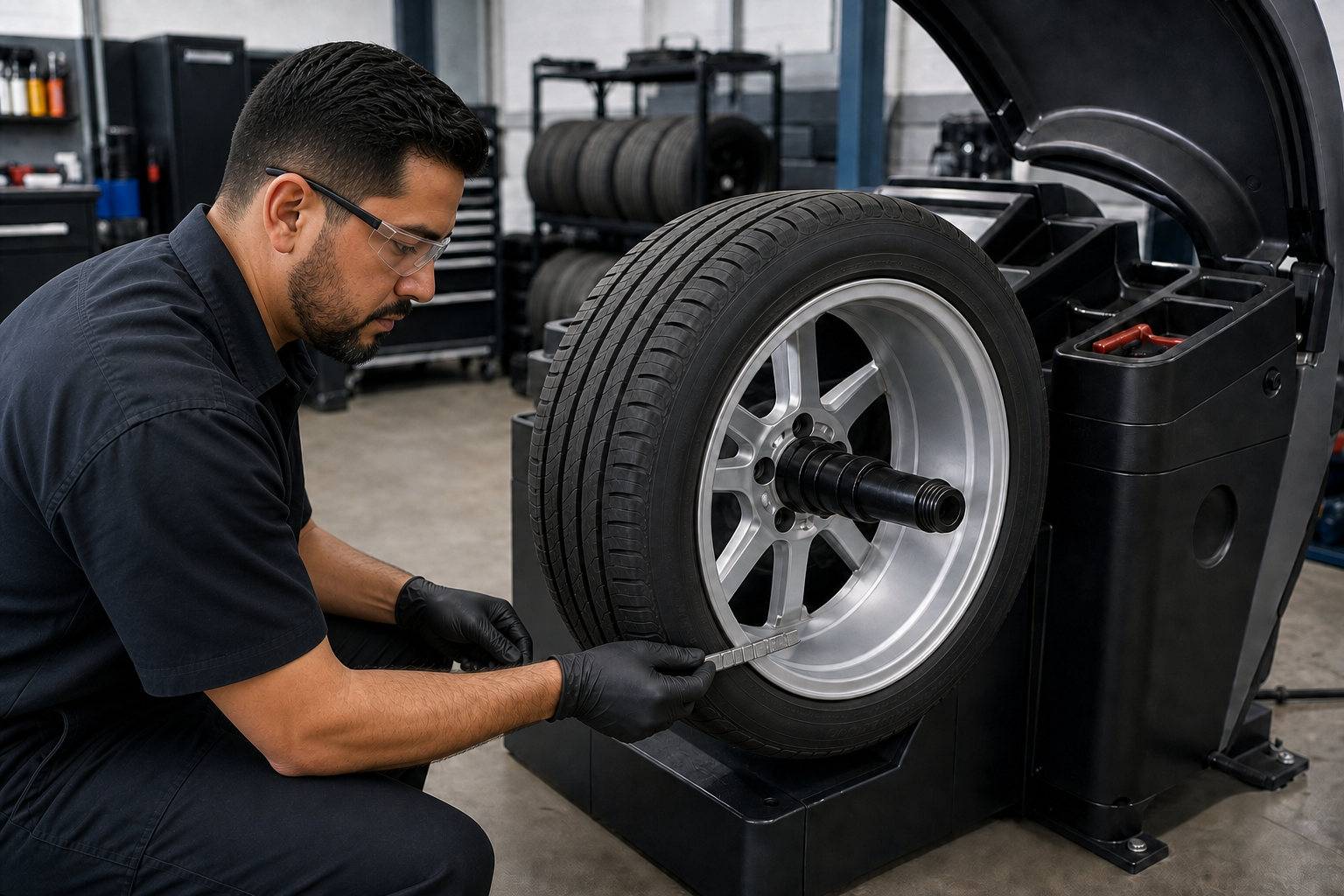 Technician installing adhesive balancing weights on the inner rim using a wheel-balancing machine.