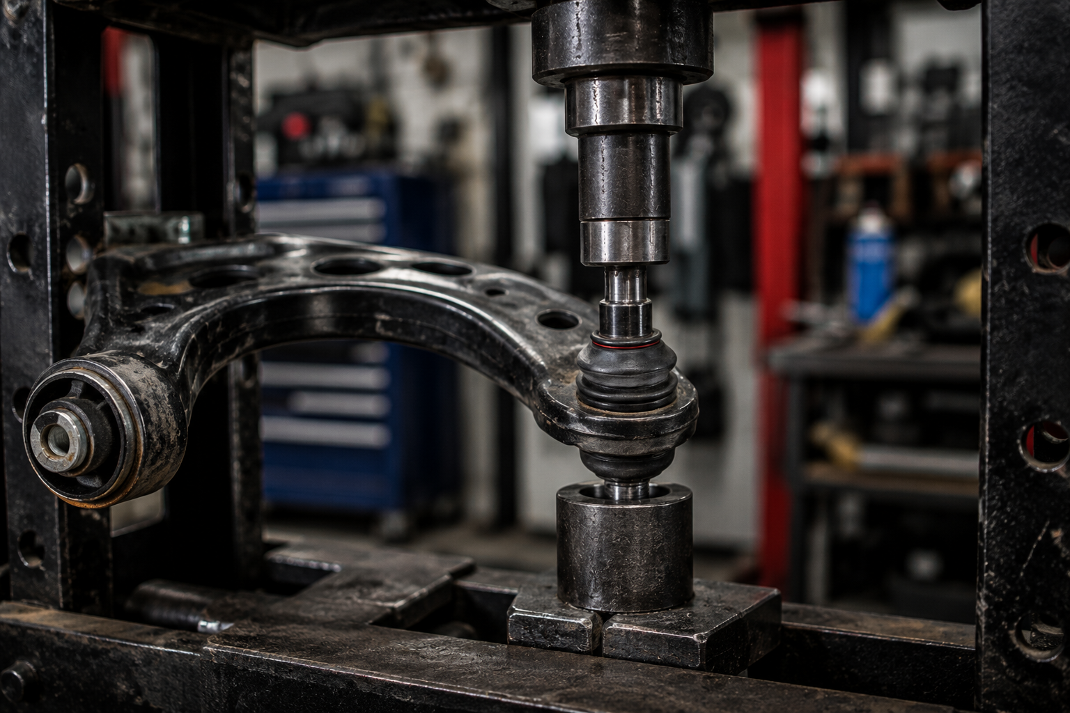 Control arm and ball joint repair using a hydraulic press