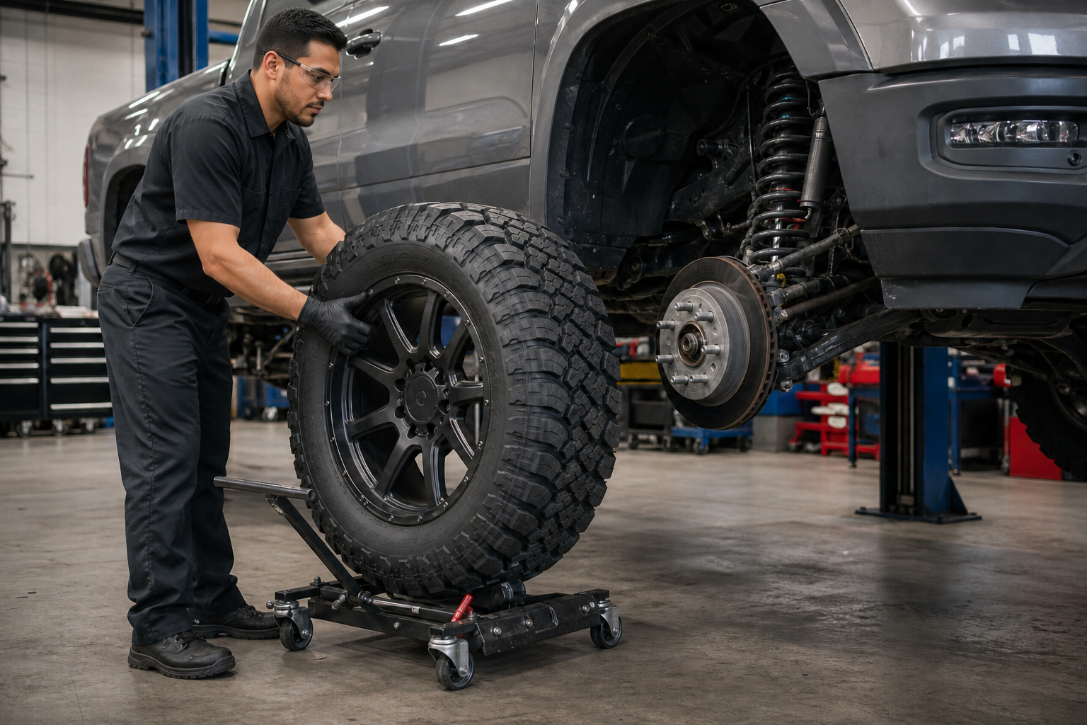 Technician installing a large all-terrain tire on a lifted 4x4 truck using a tire dolly.