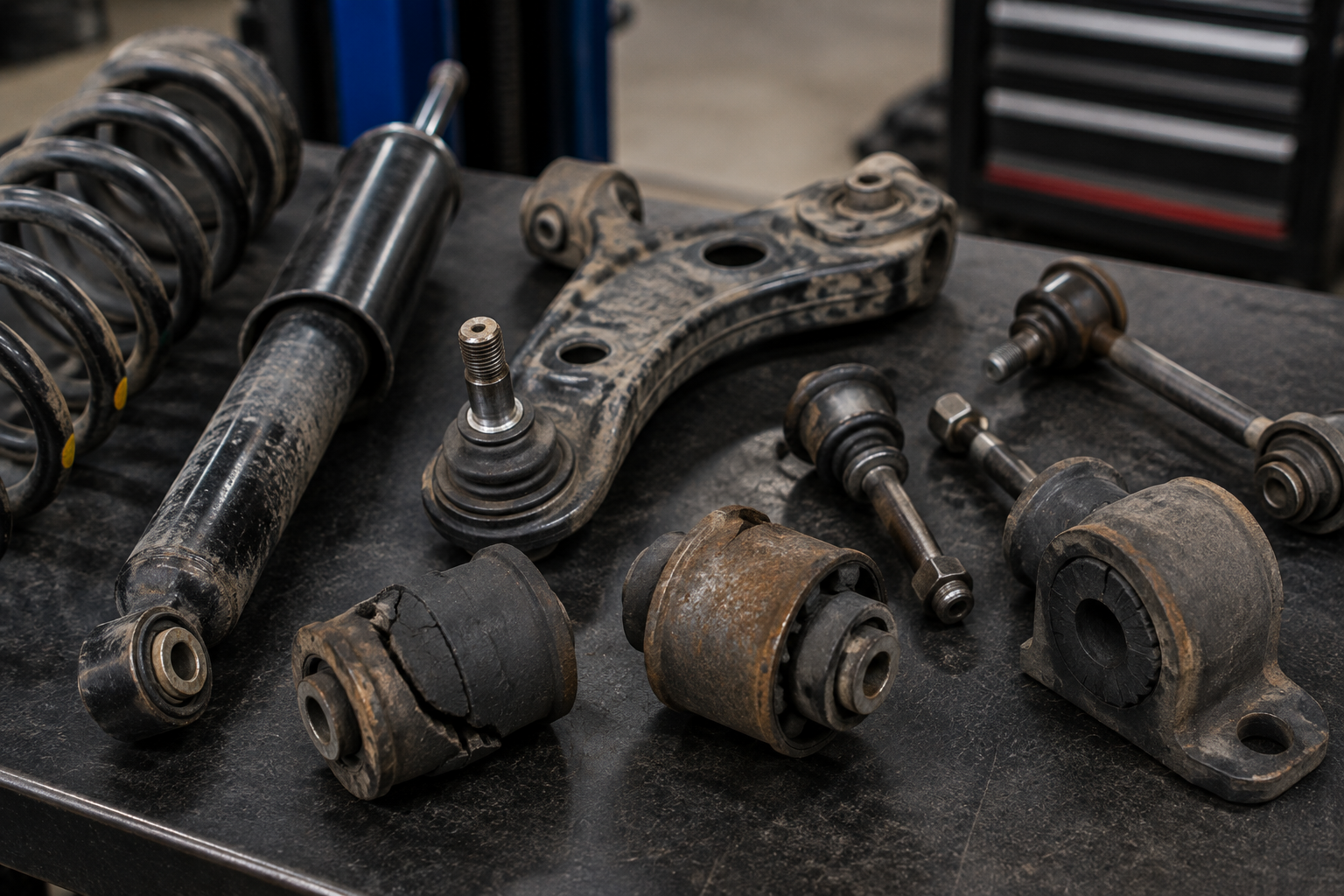 Worn shocks, bushings and control arms showing common suspension problems