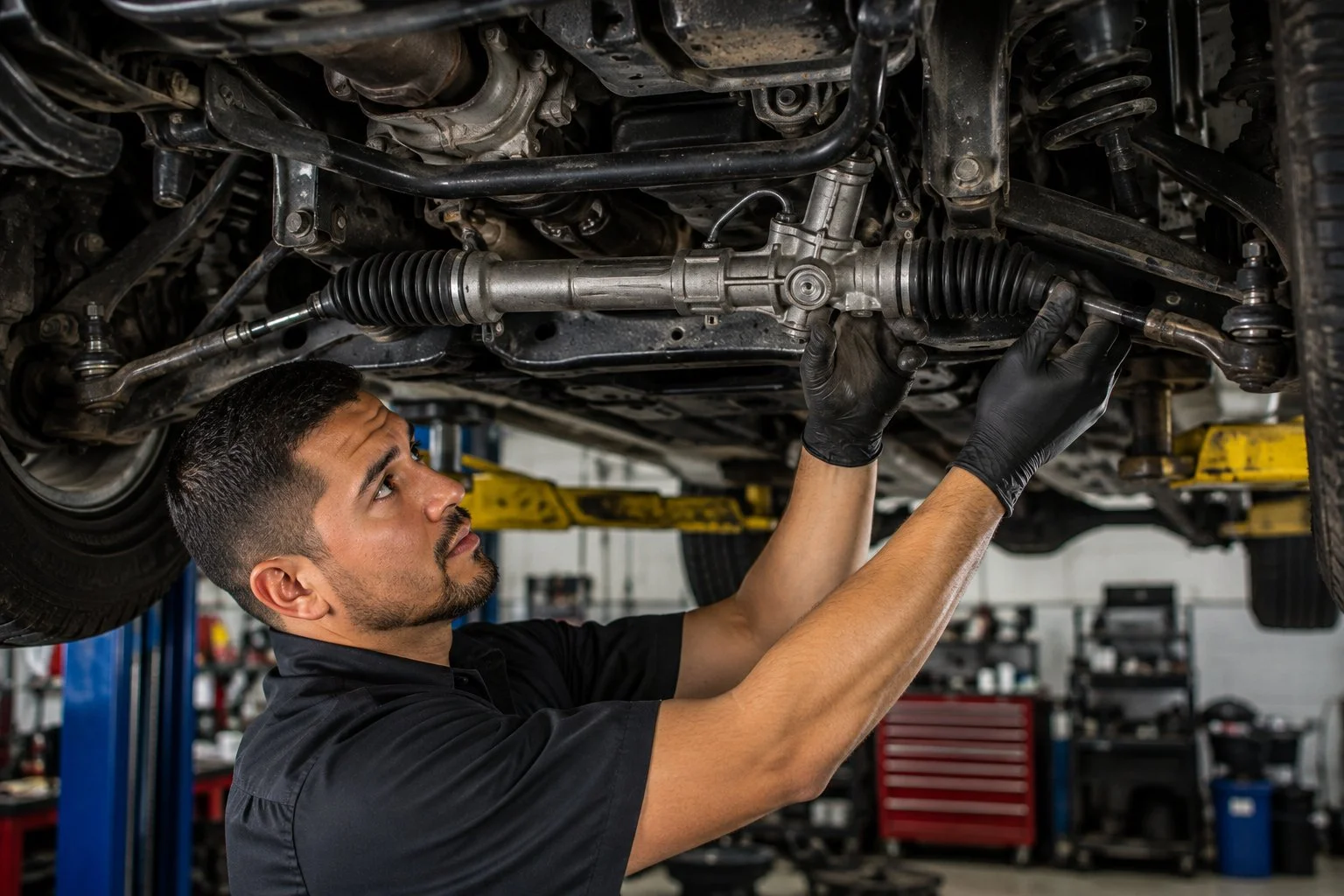 Technician inspecting a vehicle’s rack-and-pinion steering system and tie rods from underneath.
