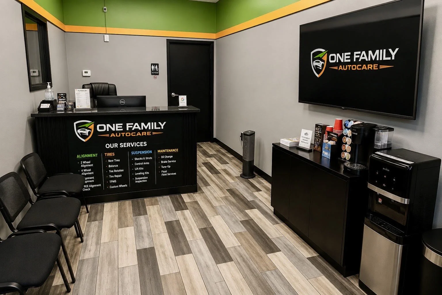 One Family Autocare customer waiting area with coffee station in Mint Hill, NC