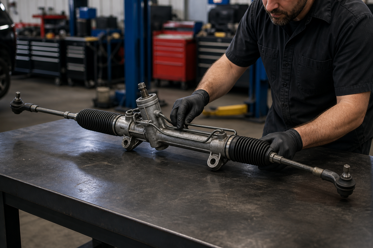 Technician inspecting a removed rack-and-pinion steering assembly on a repair-shop workbench.