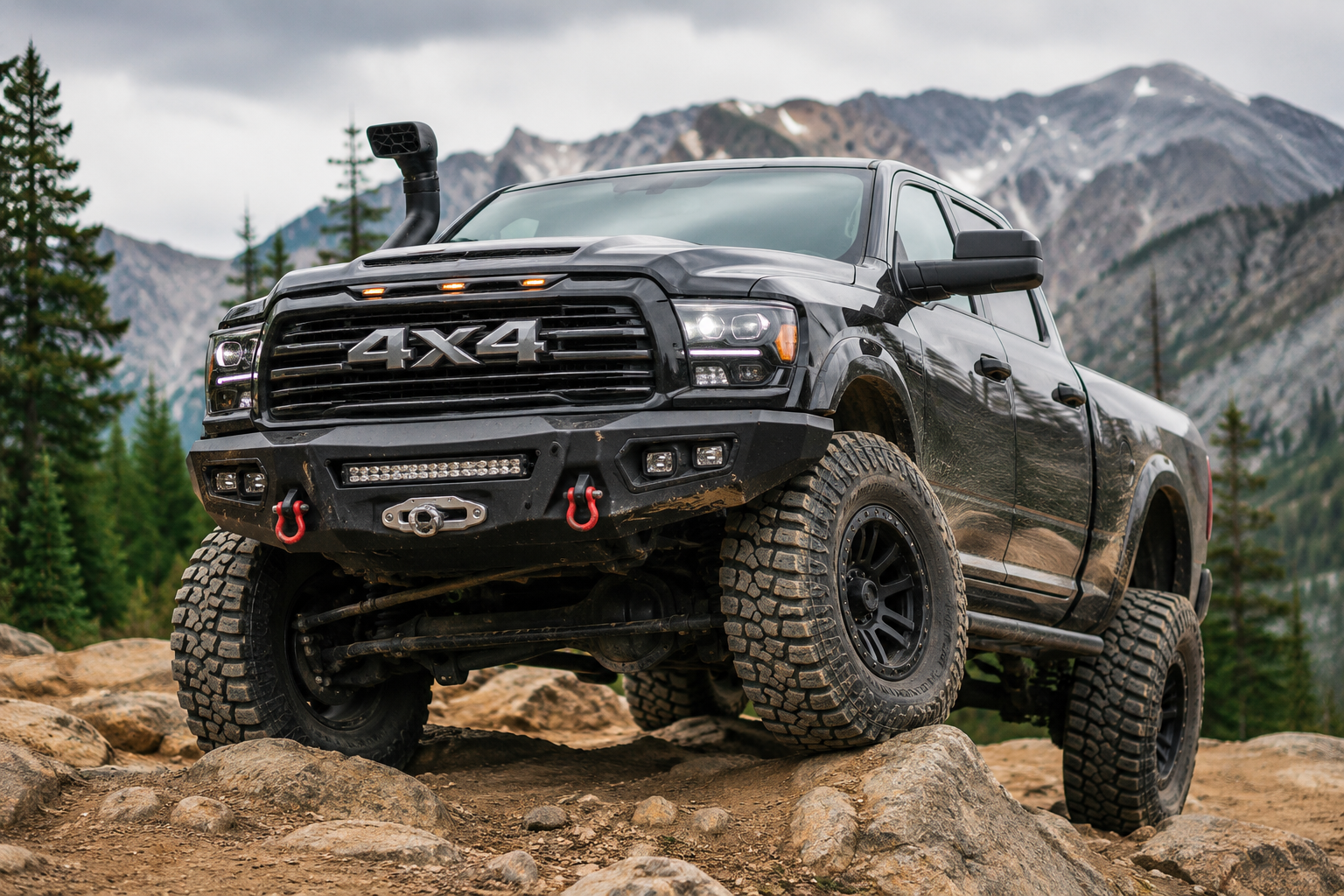 Lifted 4x4 truck with off-road tires and suspension