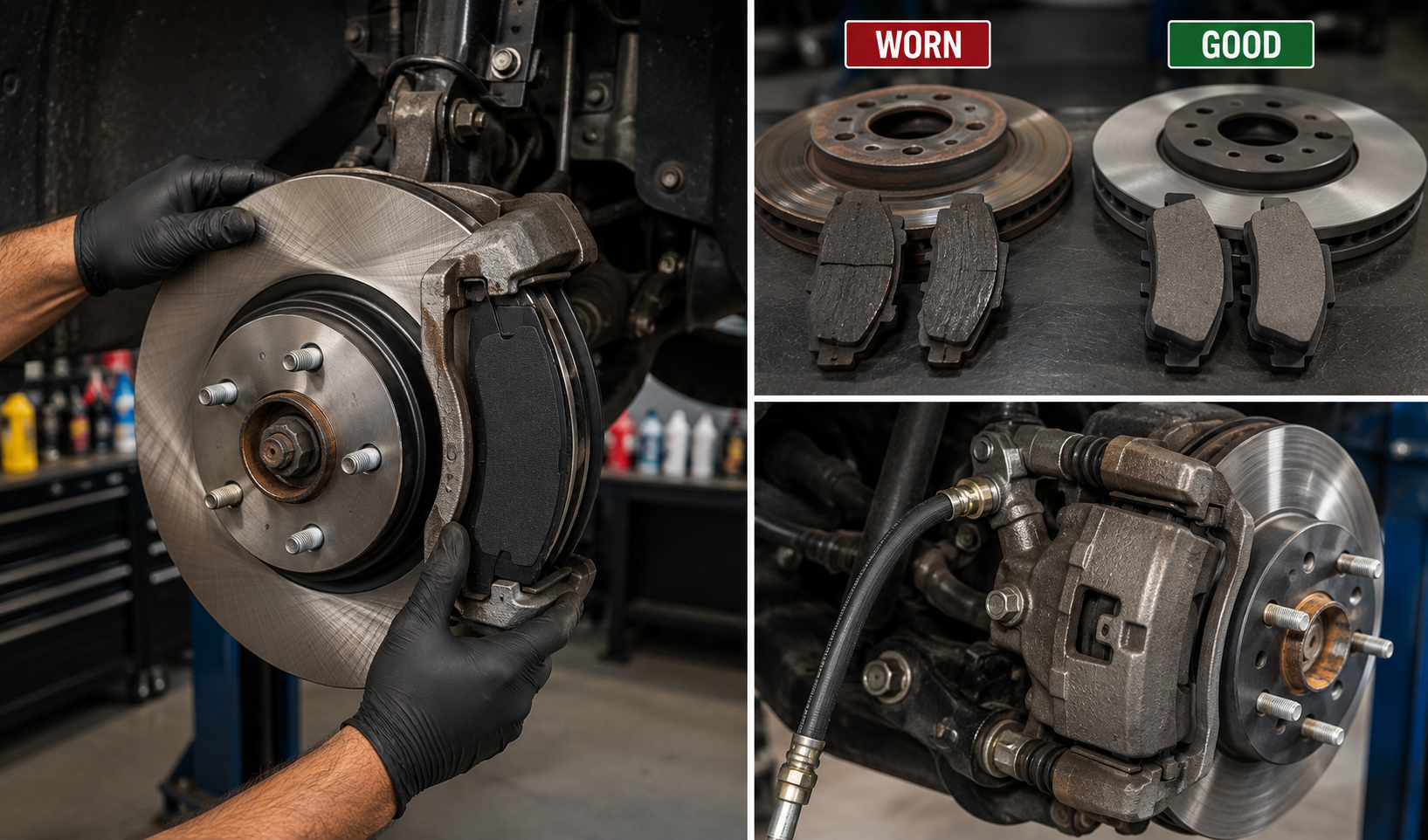 Worn and new brake pads showing when brake replacement is needed