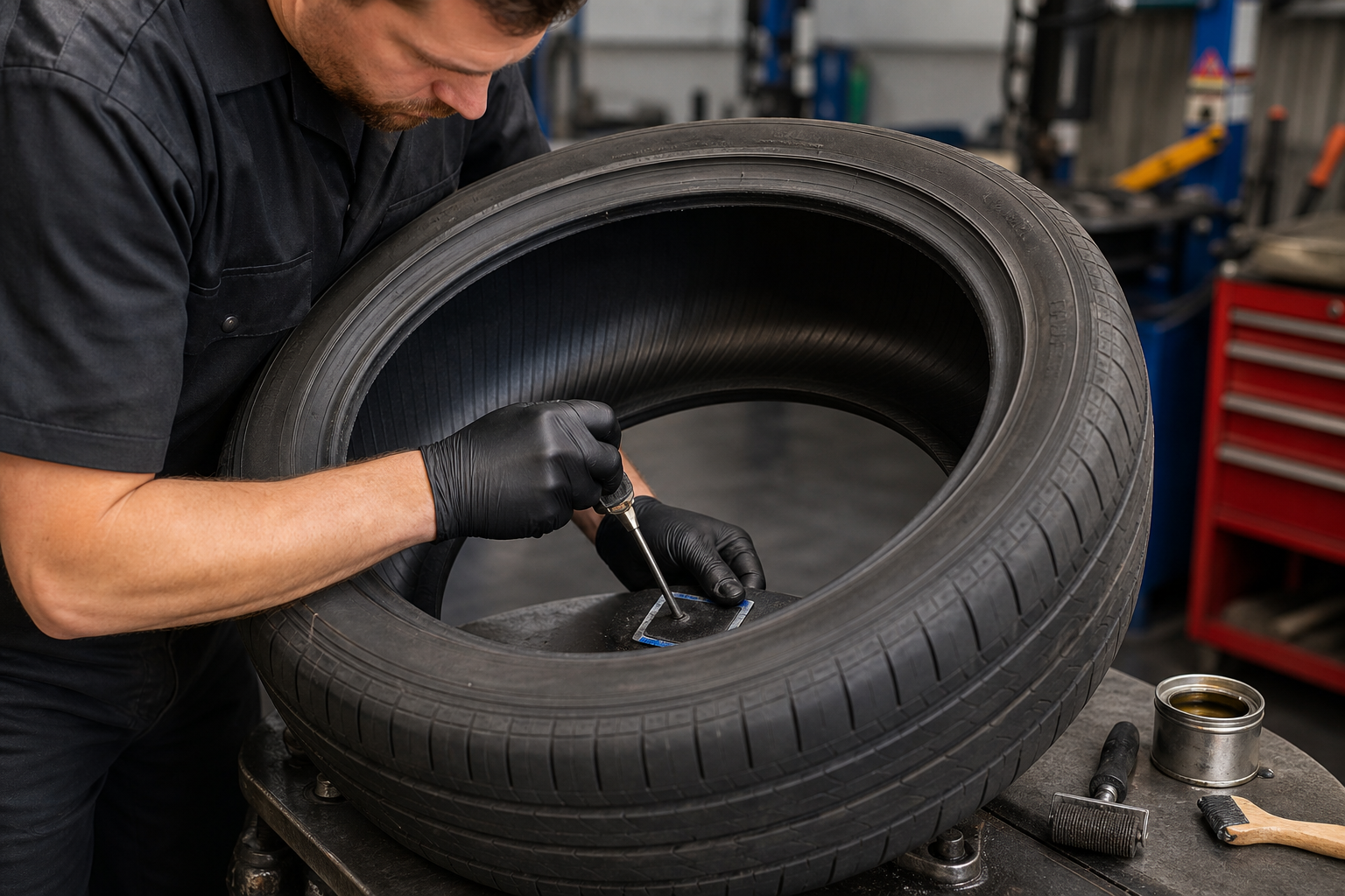 Technician performing an internal tread-area puncture repair on a removed tire.