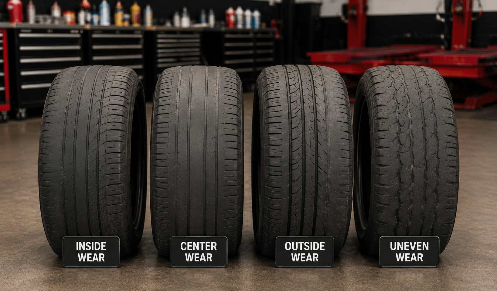Tire wear patterns caused by wheel alignment and suspension problems