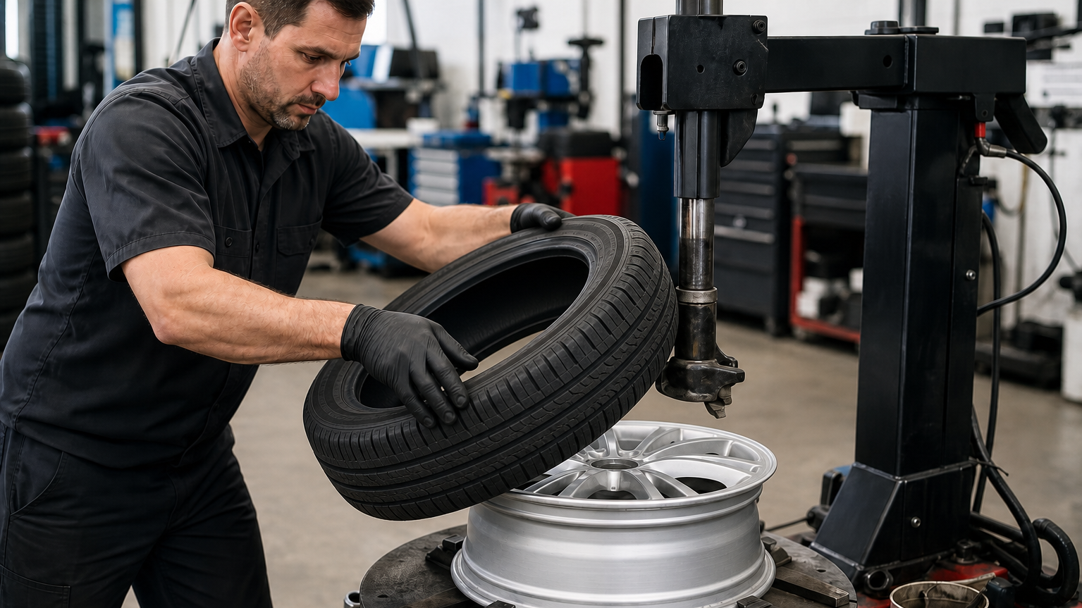Technician mounting a new tire onto a silver alloy wheel using a tire-changing machine.