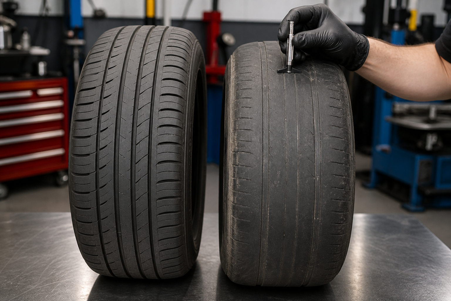 Healthy tire tread compared with severely worn tread during a tire-depth inspection.