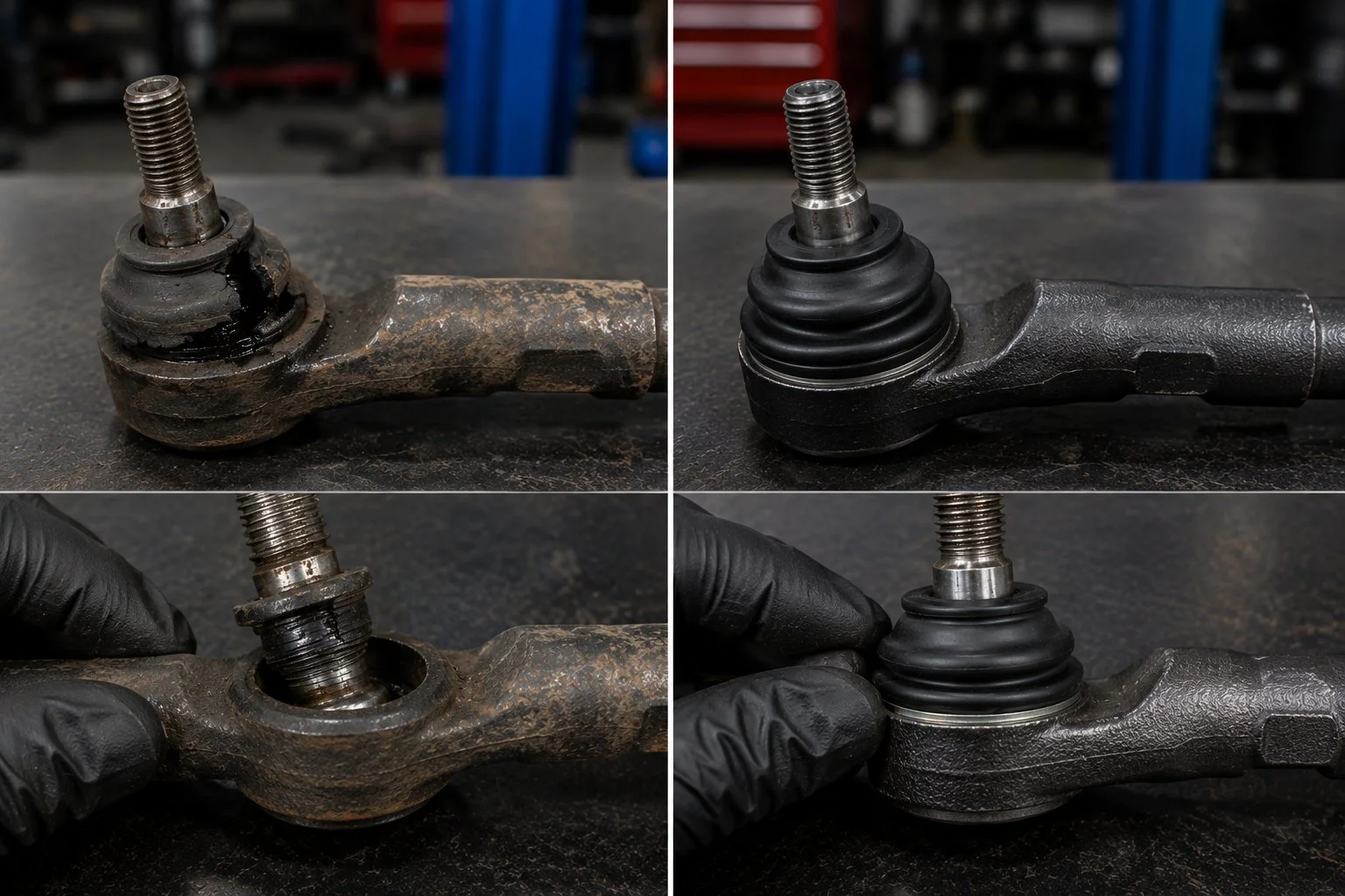 Worn tie-rod end with a damaged boot compared with a healthy replacement tie-rod end.