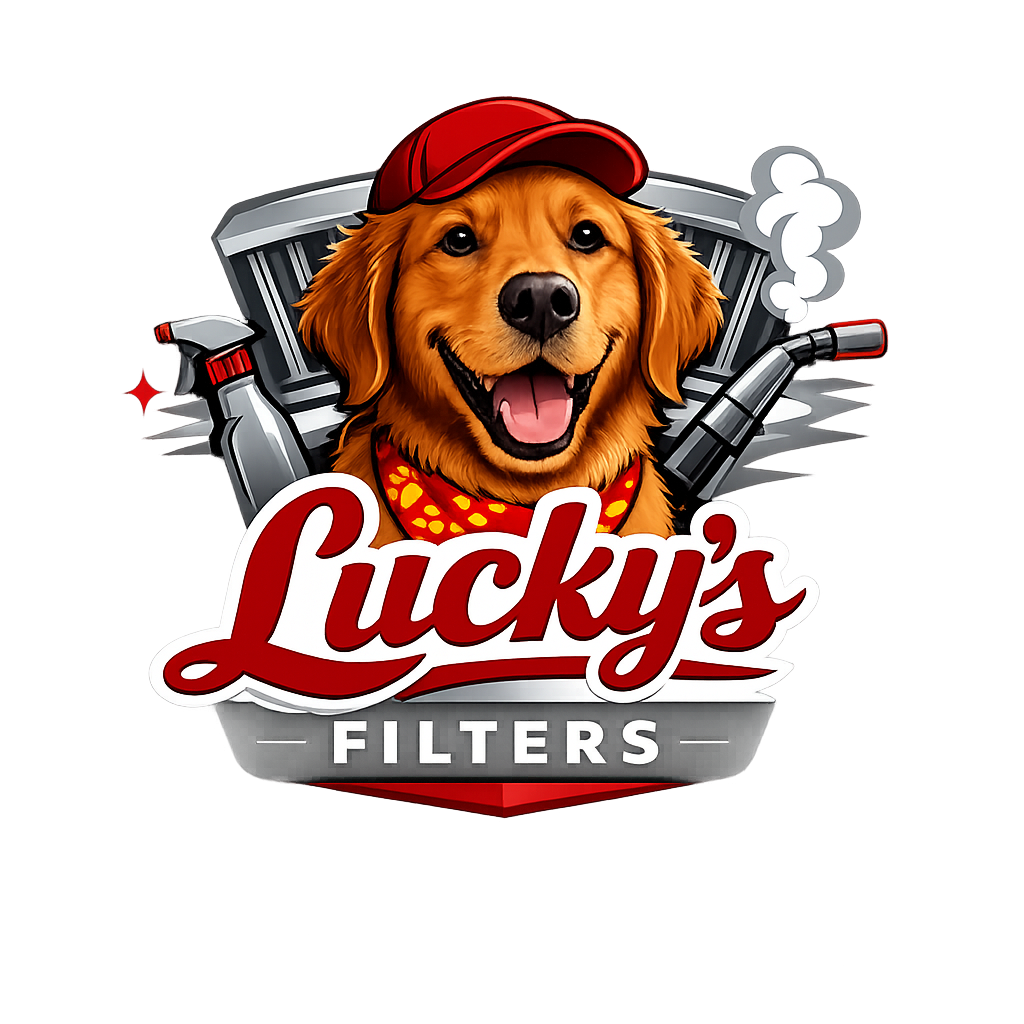 Logo for Lucky's Filters featuring a happy golden retriever wearing a red cap and bandana, with a car engine and exhaust pipes in the background.