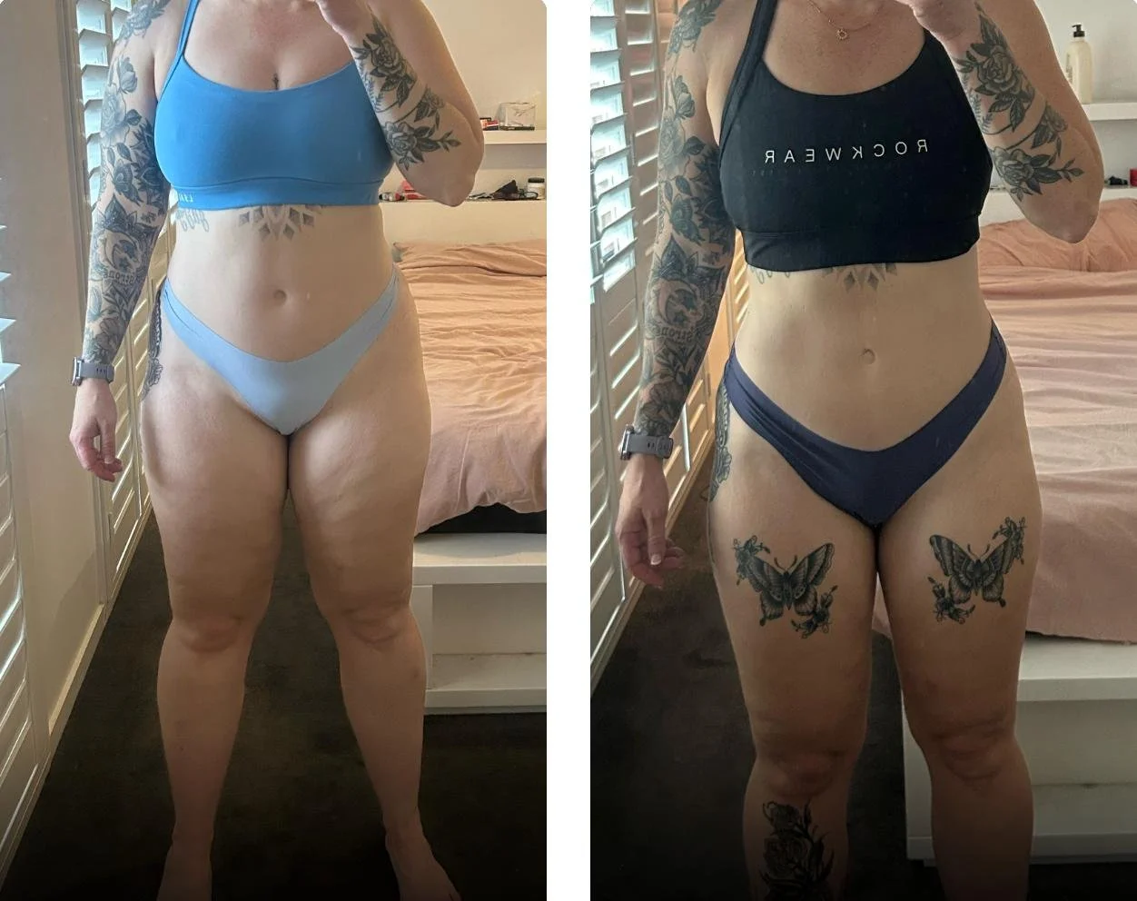 Side-by-side mirror selfies of a woman with tattoos in workout clothes, showing before and after physical transformation, with a bedroom in the background.