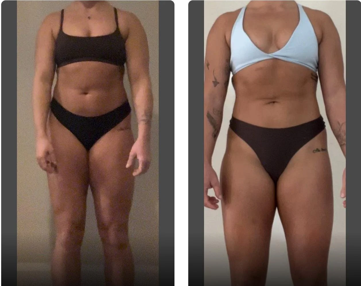 Side-by-side photos of a woman before and after weight loss, wearing black underwear and a top, showing her progress in body transformation.