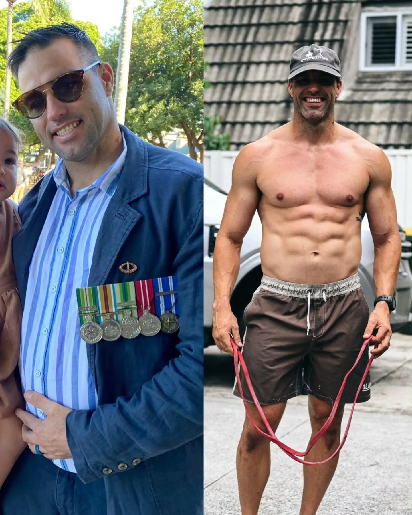Side-by-side images of a man. On the left, he is dressed in a blue jacket and striped shirt with sunglasses, displaying military medals. On the right, he is shirtless, wearing shorts, a cap, and holding a pink resistance band, showing a muscular physique.
