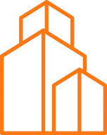 Outline of a city skyline with several tall buildings in black and orange colors.