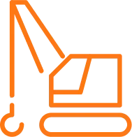 Line drawing of a construction excavator, outlined in orange on a black background.