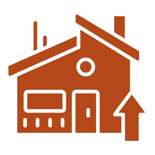 Outline of a house with a door, a window, a circular window, and an upward arrow.