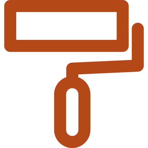 A paint roller with a brown handle and orange roller cover.