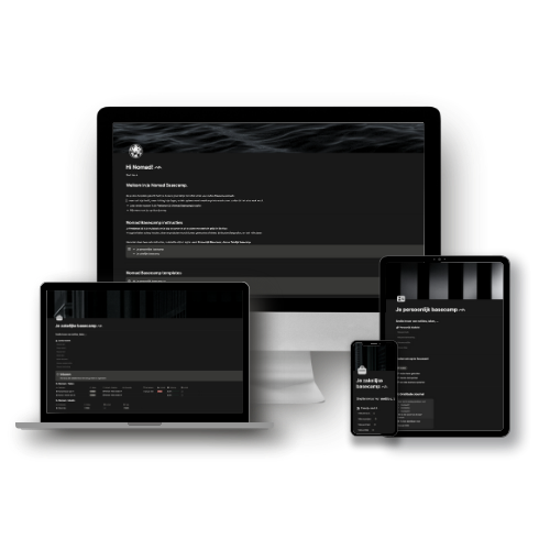 Multiple electronic devices including a large desktop computer, a laptop, a tablet, and a smartphone displaying dark-themed websites or applications.