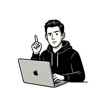 Black-and-white illustration of a young man working on a laptop, holding up his index finger as if making a point.