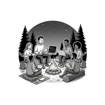 Six people sitting around a campfire in a forest at night, each using a laptop or tablet.