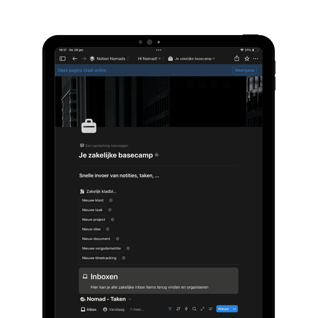 Screenshot of a digital workspace displaying a Notion page titled 'Je zakelijke basecamp' with a dark theme, showing various notes and tasks related to business projects, deadlines, and ideas.