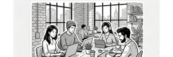 Four people working on laptops and with a notepad at a table in an office with large windows and city skyline view.
