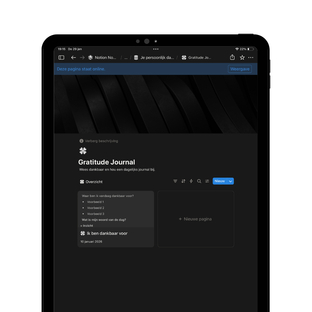 Screenshot of a Notion app page titled 'Gratitude Journal' with a dark theme, showing sections for daily notes, a list of prompts, and a recent entry dated January 10, 2026.