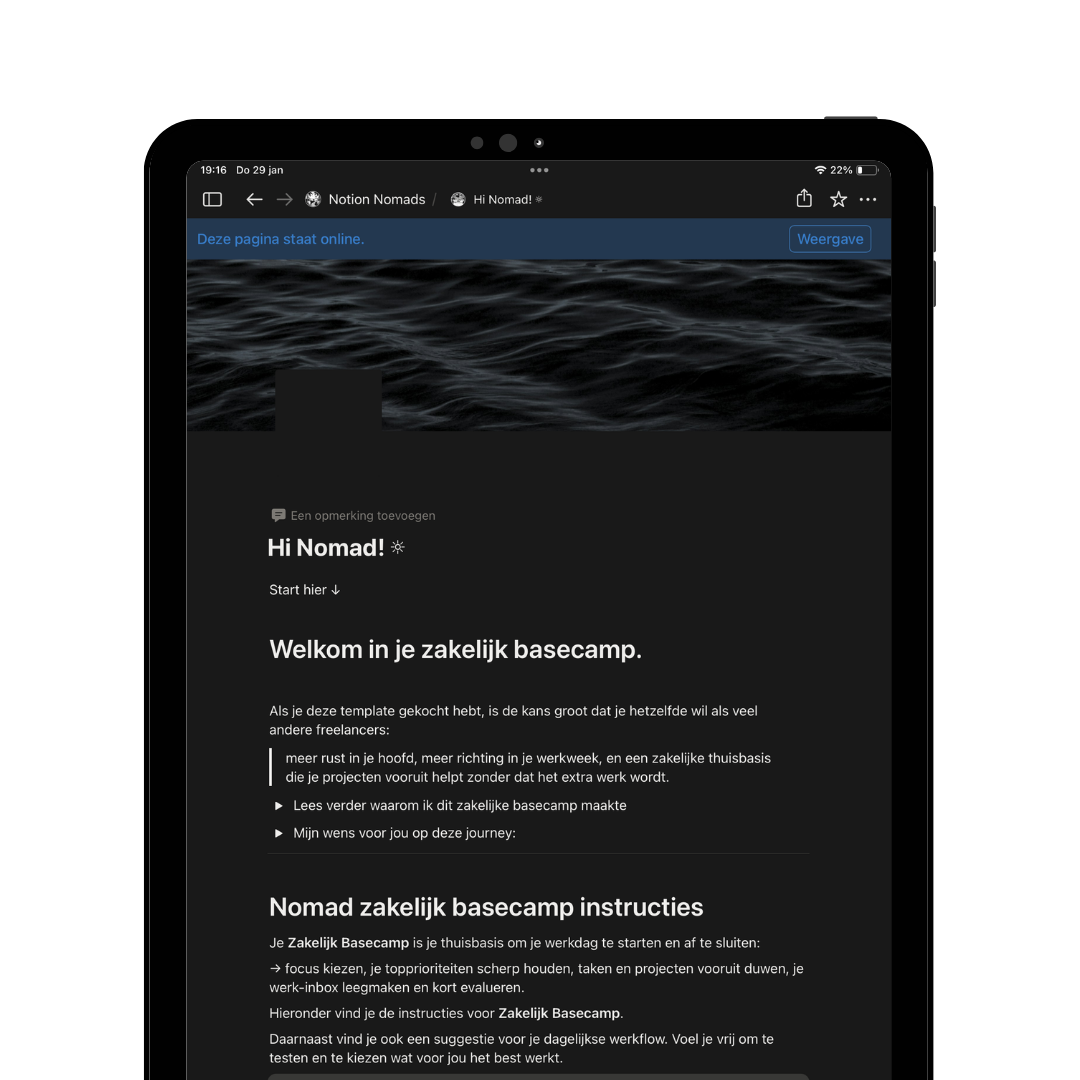 Screenshot of a webpage titled 'Hi Nomad!' showing a dark background with a water surface image at the top, and text in Dutch welcoming to a business basecamp with instructions for remote work.