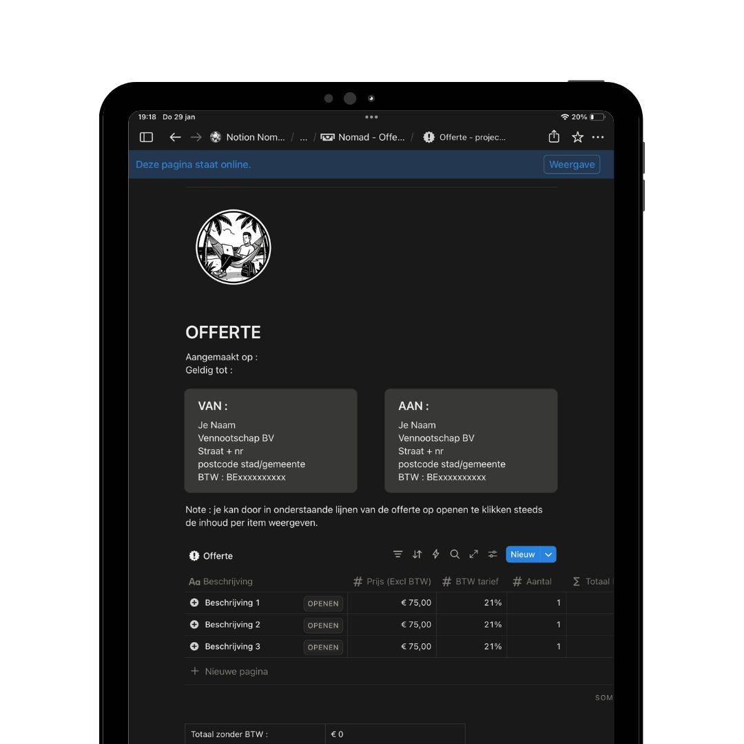 Screenshot of an online offers document written in Dutch, showing sections for sender and receiver details, a list of three offers with descriptions, prices, VAT rates, quantities, and total calculations.