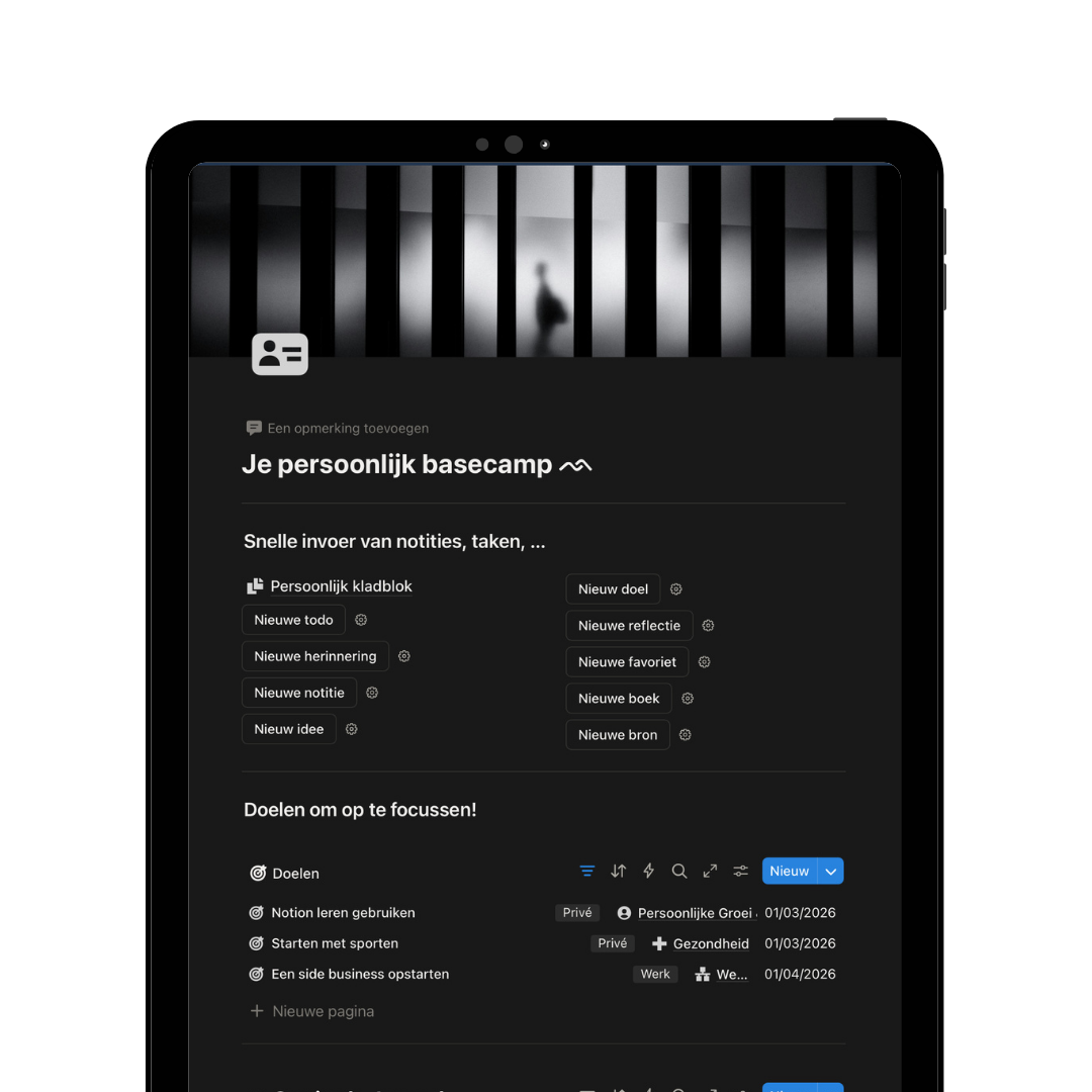 The image shows a digital planning or note-taking app on a tablet with a dark mode interface. The screen displays sections for personal goals, notes, and tasks, with some items categorized under private and work.