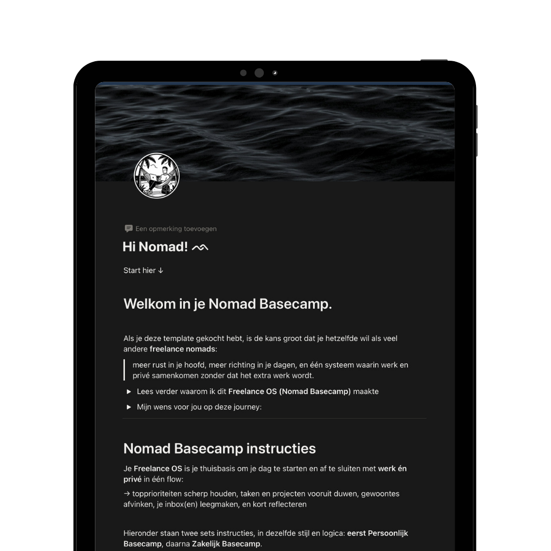 Mobile screen displaying a black-themed webpage with a header image of dark water. The page welcomes users to Nomad Basecamp, a freelancing guide with instructions and information for setting up a freelance OS and personal basecamp.