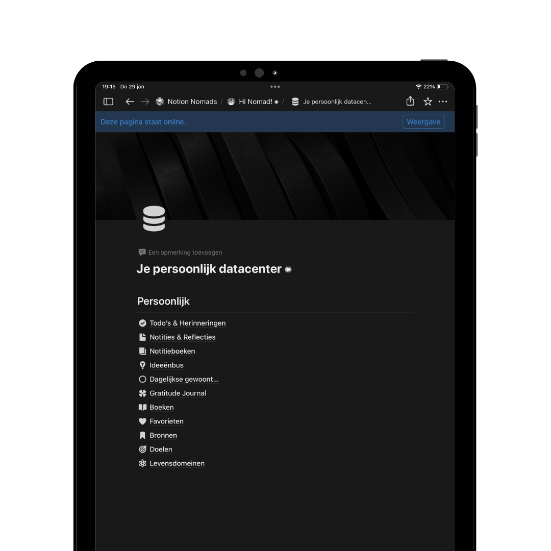 Screenshot of a personal data center page in Dutch, featuring a dark theme with a black background and white text, including sections like 'Todos & Herinneringen', 'Notities & Reflecties', and others.