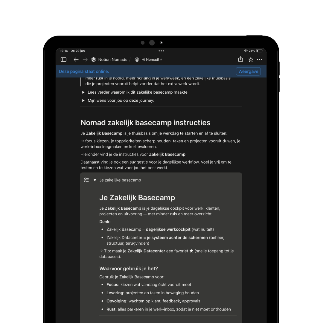Screenshot of a webpage explaining instructions for a private business-focused workspace, with features like daily work schedule, project management, and workflow tips.