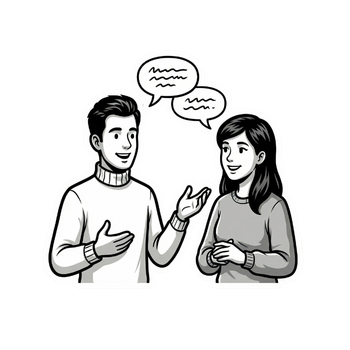 A man and woman engaged in a conversation, with speech bubbles above their heads, indicating they are talking.