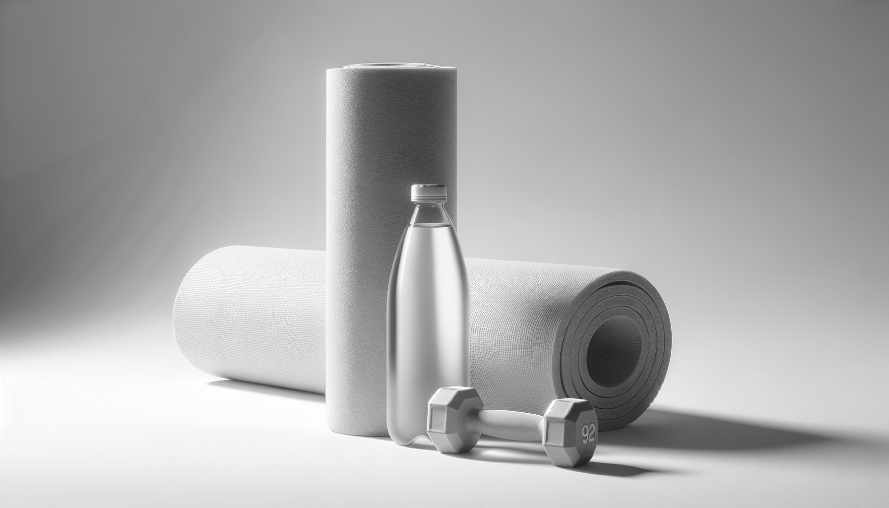 Black and white photo of fitness and yoga equipment including two rolled yoga mats, a water bottle, a small dumbbell, and a larger dumbbell with the number 92 on it, arranged on a plain surface.