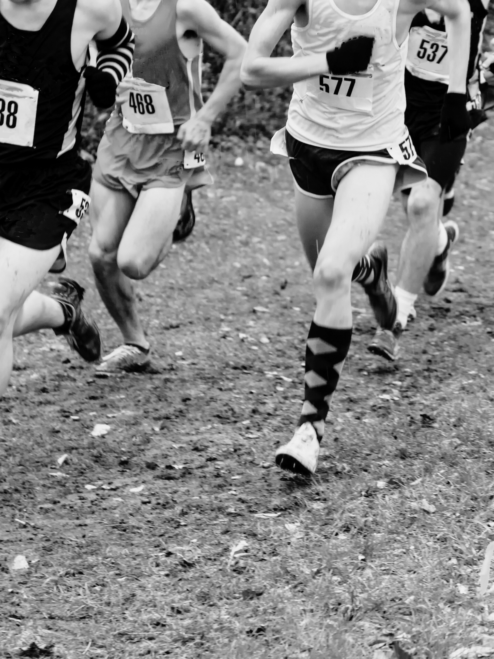 Group of runners participating in a cross-country race, shown from the waist down, running on a dirt trail.