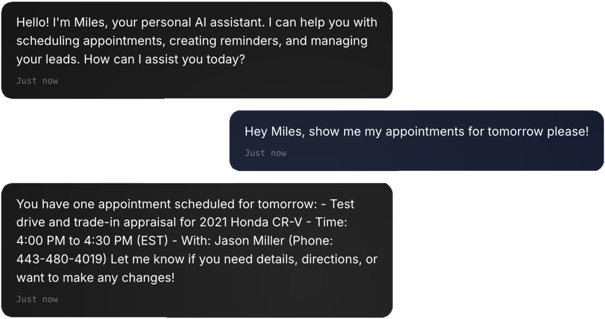 Screenshot of a conversation between a user and an AI assistant about an upcoming appointment for a test drive and trade-in appraisal for a 2021 Honda CR-V with Jason Miller scheduled for 4:00 PM to 4:30 PM.