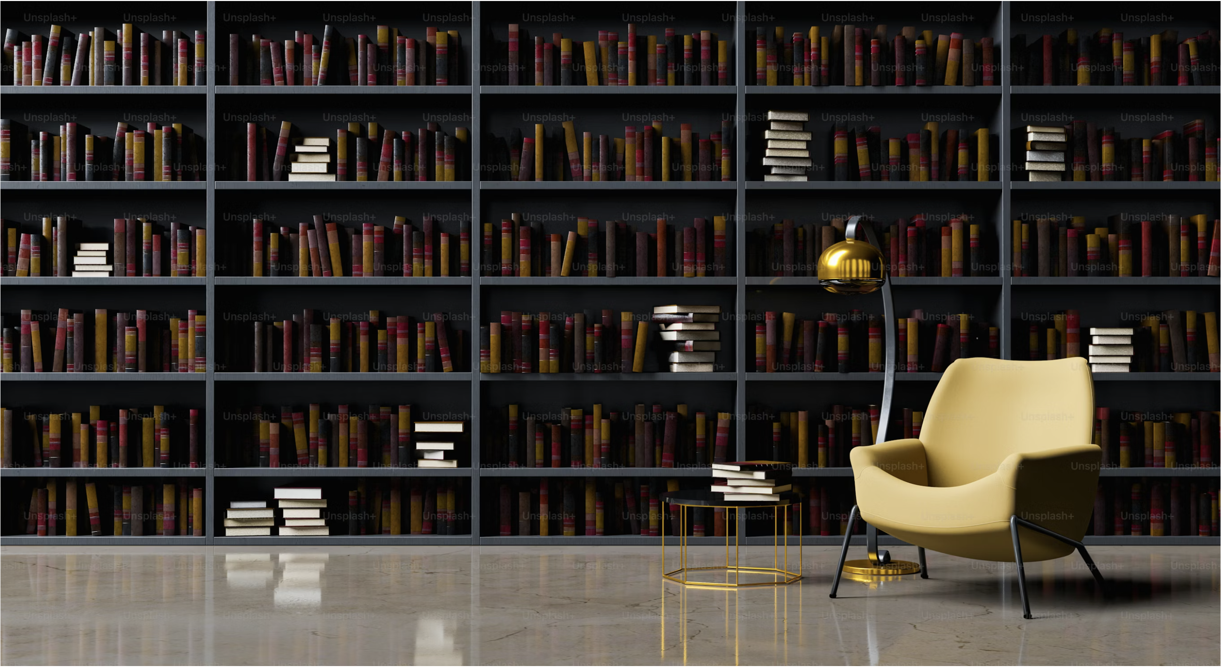 Modern library with black bookshelves filled with books, some stacked vertically and others horizontally, a yellow accent chair with black legs, a small gold side table with books, and a black floor lamp with a gold lampshade.