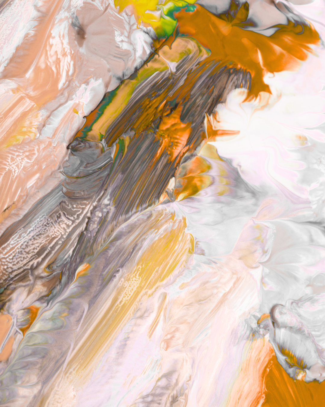Abstract artwork with a mix of orange, yellow, black, brown, green, white, and pinkish colors swirling together.
