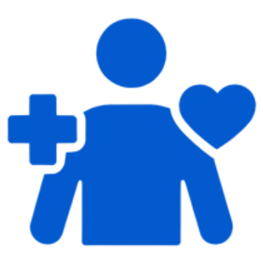 Icon of a person with a medical cross on one arm and a heart on the other arm, both in blue.