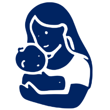 A line drawing of a woman with long hair holding a baby in her arms.